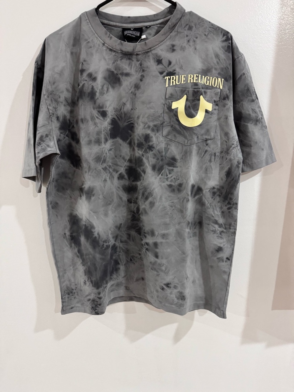 True Religion Gray Black Tie-Dye Pocket Tee with Yellow Logo